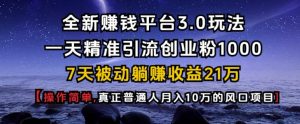全新赚钱平台3.0玩法一天精准引流创业粉1000.7天被动躺Z收益21W【仅揭秘】-兵兵资源