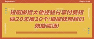短剧搬运大佬经验分享付费短剧20天撸20个(他能吃肉我们就能喝汤)-兵兵资源