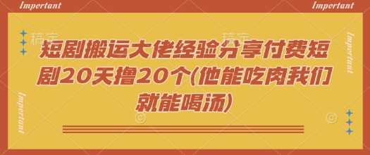 短剧搬运大佬经验分享付费短剧20天撸20个(他能吃肉我们就能喝汤)-兵兵资源
