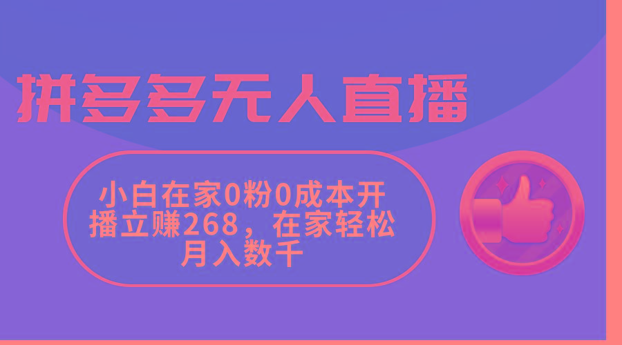 拼多多无人直播，小白在家0粉0成本开播立赚268，在家轻松月入数千-兵兵资源