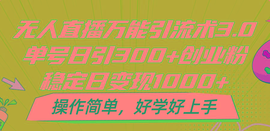 无人直播万能引流术3.0，单号日引300+创业粉，稳定日变现1000+，操作简单-兵兵资源