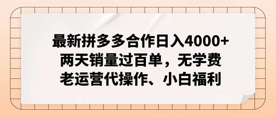 拼多多最新合作日入4000+两天销量过百单，无学费、老运营代操作、小白福利-兵兵资源