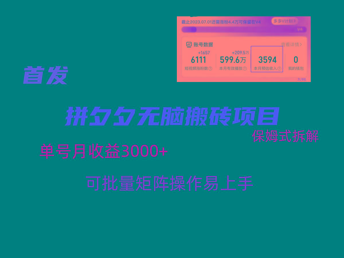 拼夕夕无脑搬砖，单号稳定收益3000+，保姆式拆解-兵兵资源