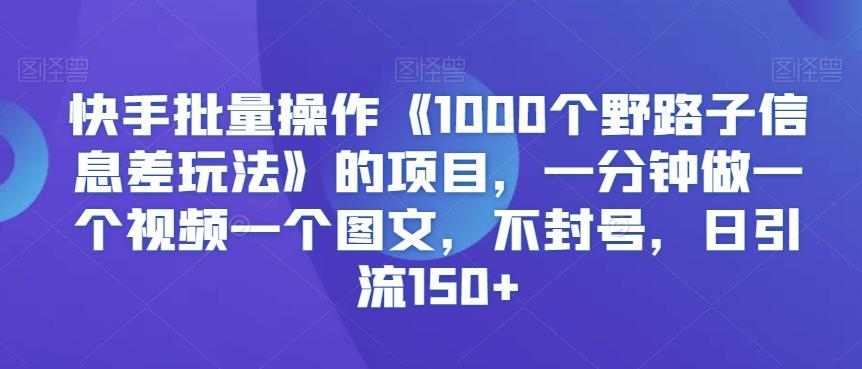 快手批量操作《1000个野路子信息差玩法》的项目，一分钟做一个视频一个图文，不封号，日引流150+【揭秘】-兵兵资源