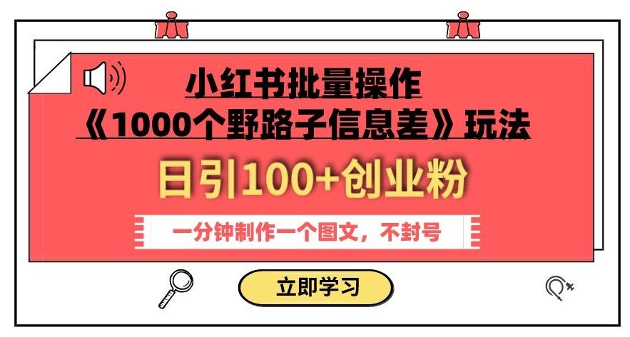 小红书批量操作《1000个野路子信息差》玩法，一分钟制作一个图文，不封号，日引100+创业粉-兵兵资源