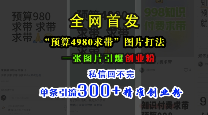 小红书“预算4980带我飞”图片打法，一张图片引爆创业粉，私信回不完，单条引流300+精准创业粉-兵兵资源