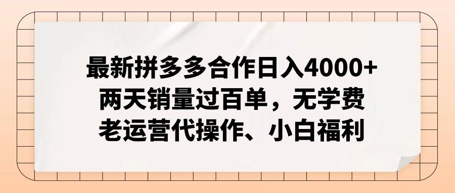 最新拼多多合作日入4000+两天销量过百单，无学费、老运营代操作、小白福利-兵兵资源